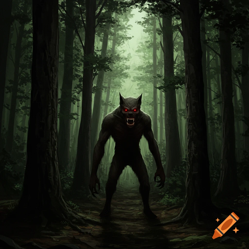 A scary dogman or werewolf stands on a dark forest path.