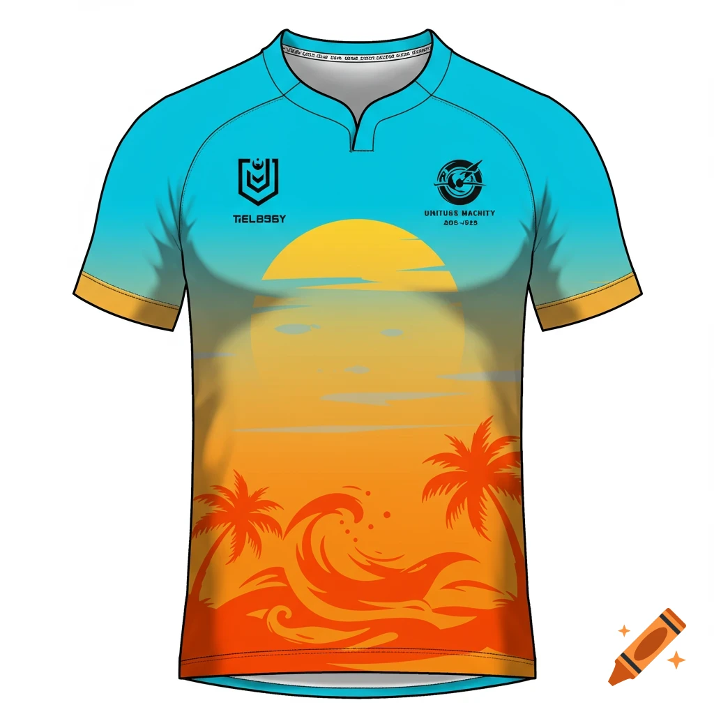 A rugby jersey with a tropical sunset design, cyan to orange ombre, palm trees, and waves.