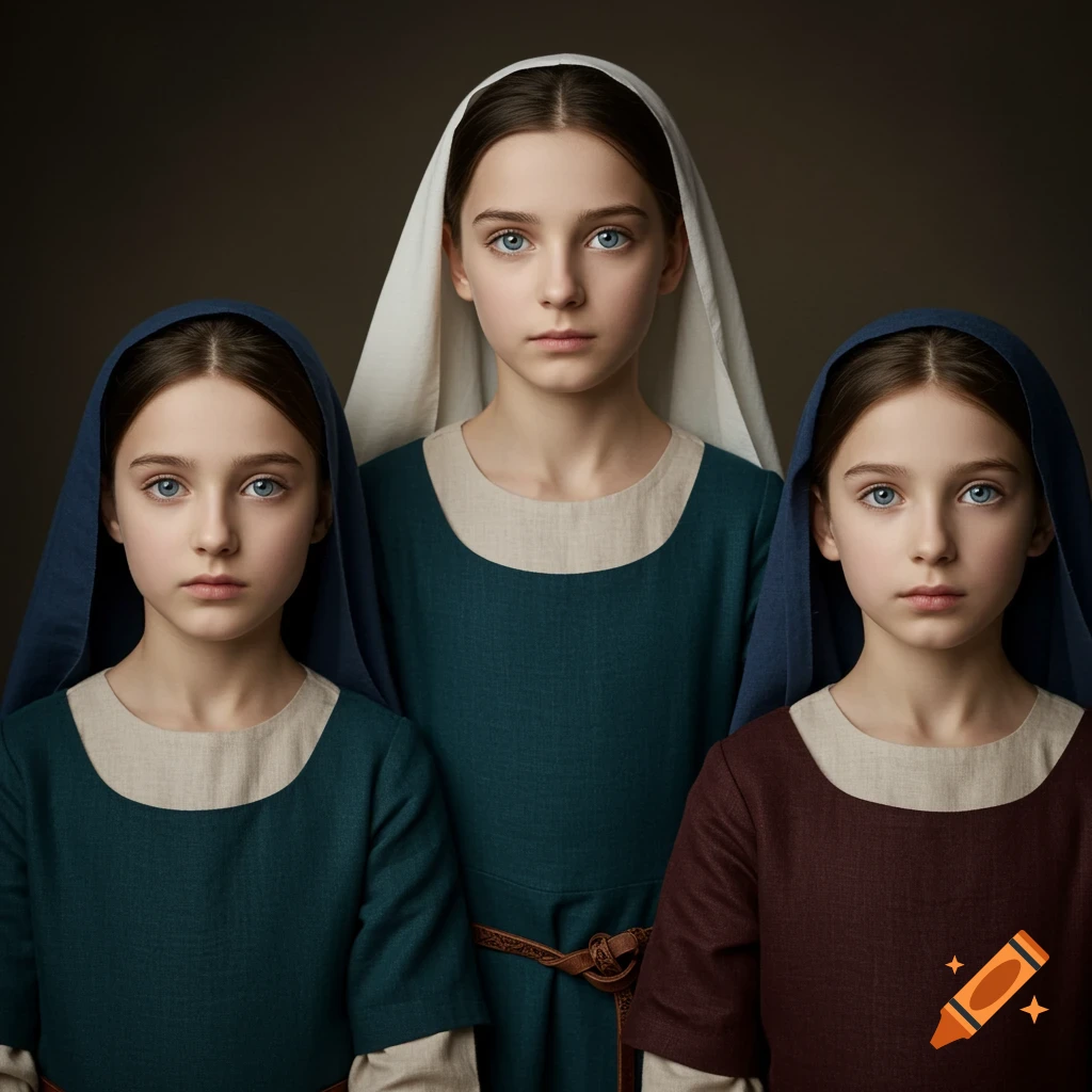 Portrait of three young sisters in 12th-century attire.