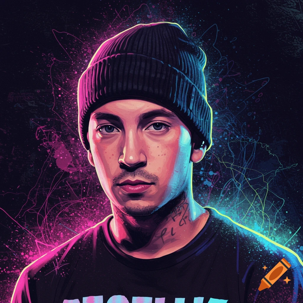 Digital portrait of a man in a beanie with neon splatter background.