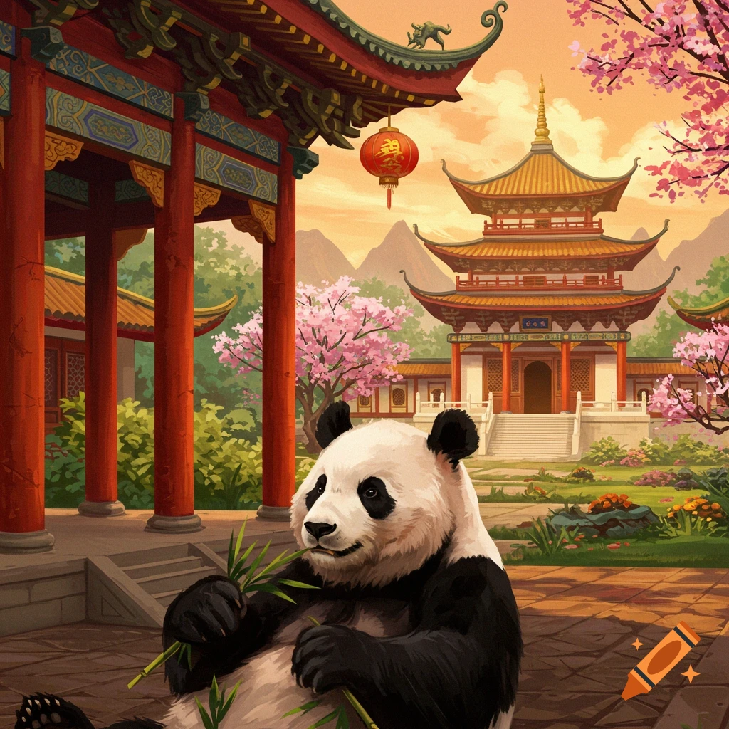 A panda eats bamboo in front of a Chinese temple with cherry blossoms and mountains at sunset.