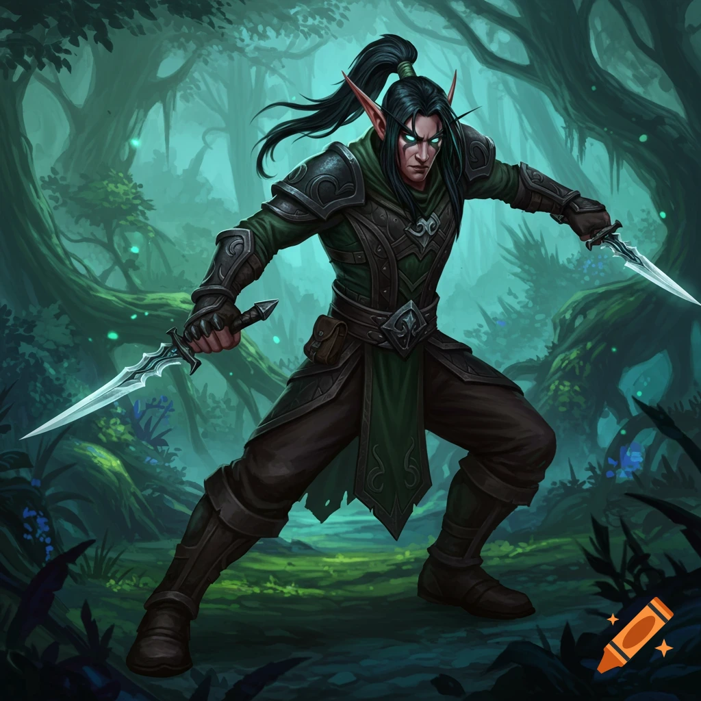 A male night elf rogue stands in a forest, dual-wielding daggers