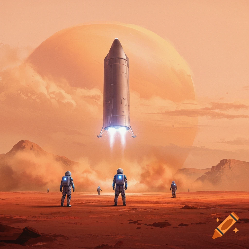 Astronauts are standing on the red surface of Mars. They are looking up at a spaceship descending from an orange sky. A large planet is visible in the sky.