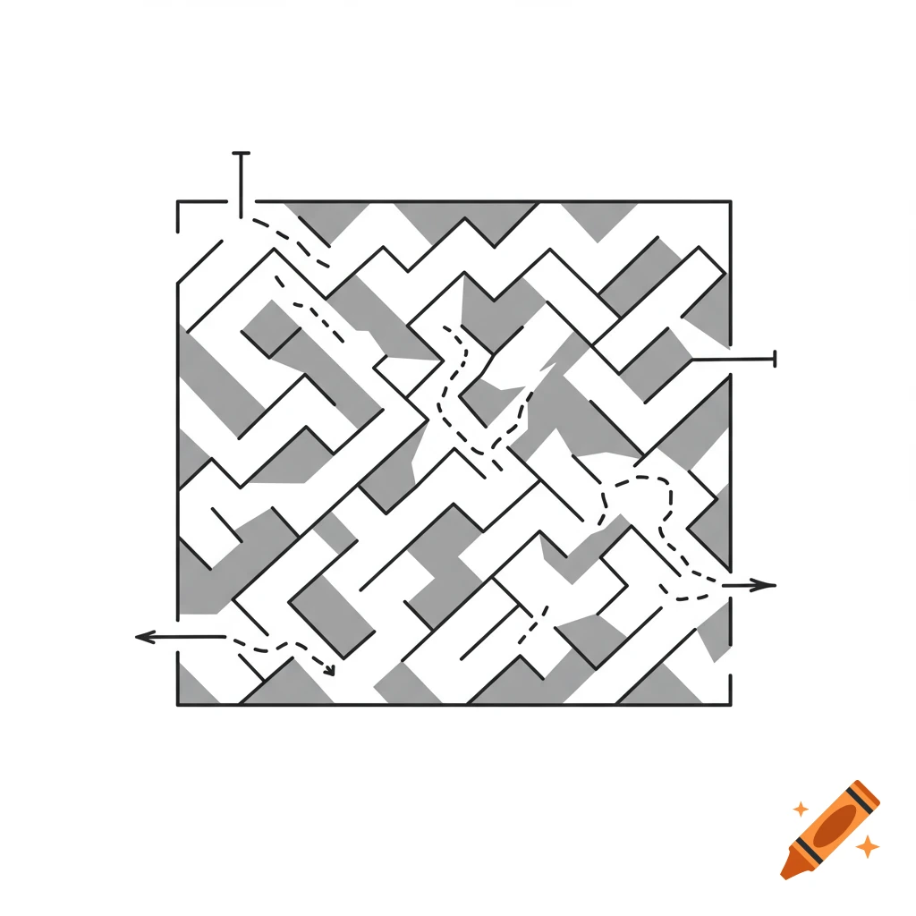 A black and white maze diagram with a dotted line showing a path.
