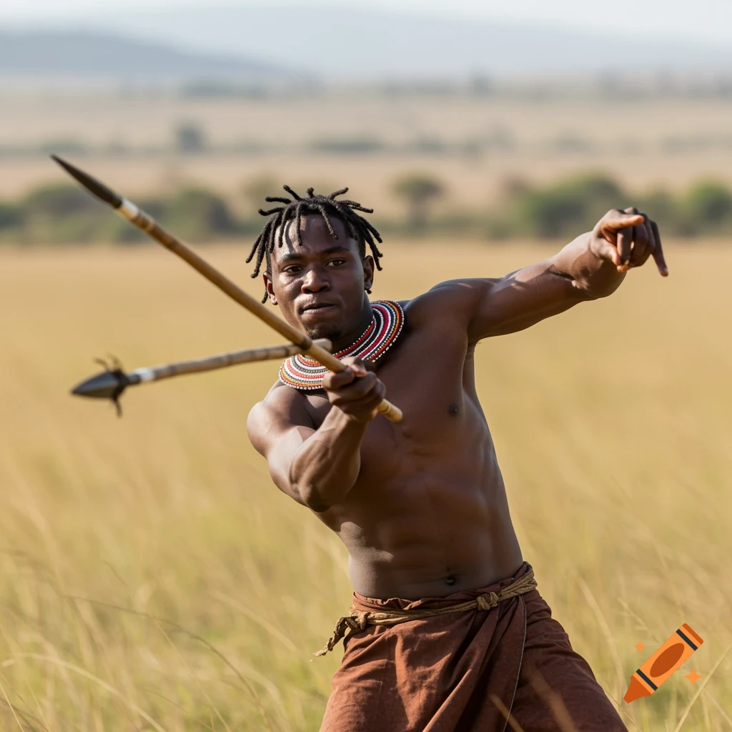 Man in traditional clothing throwing a spear in a grassy field