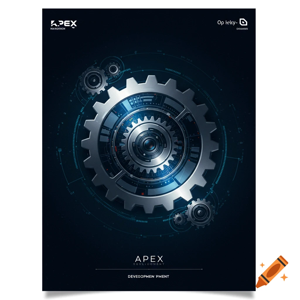 Abstract tech design with a large detailed gear and text on a dark blue background.