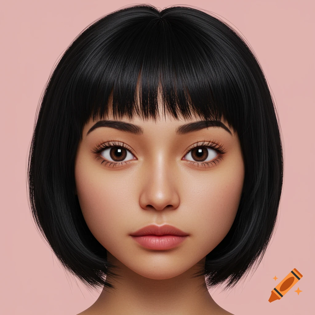 Close-up portrait of a young woman with short black hair and bangs in a cartoonish style.