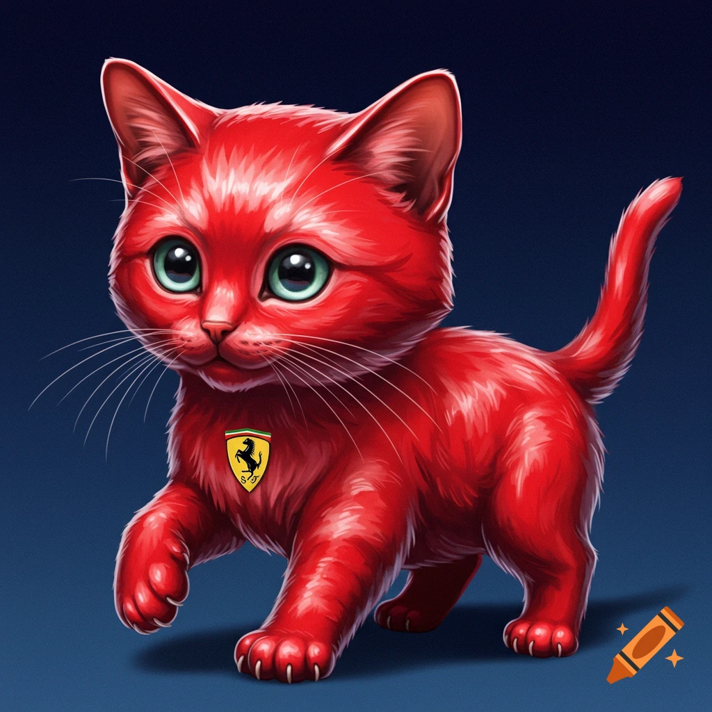 Red kitten with green eyes and a Ferrari logo.