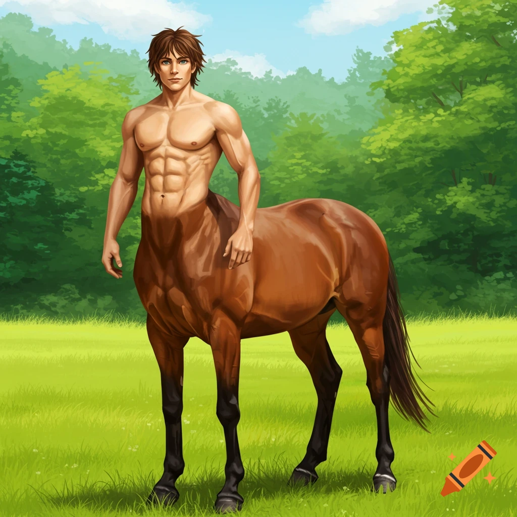 A male centaur stands in a grassy field with trees in the background.