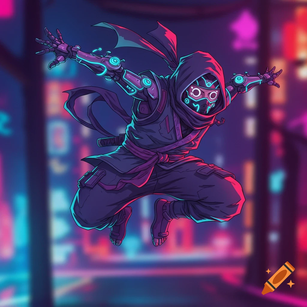 Stylized cybernetic ninja leaping against a neon city background in a dynamic pose.