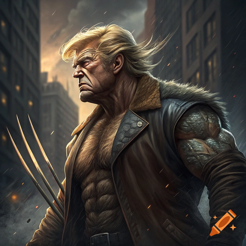 Gritty illustration of Donald Trump as Wolverine with claws in a city street.
