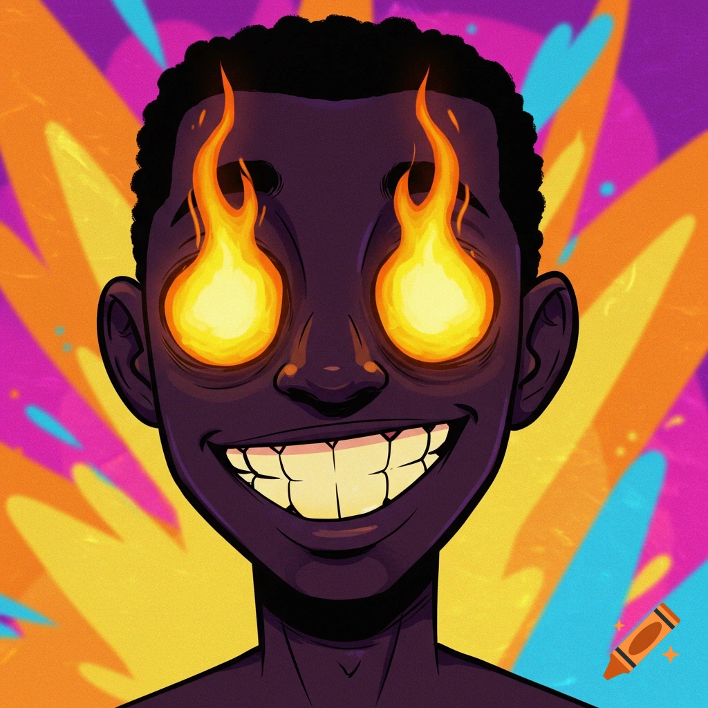 Cartoon portrait of a Black man with fiery yellow eyes and a wide grin against a colorful, abstract background.