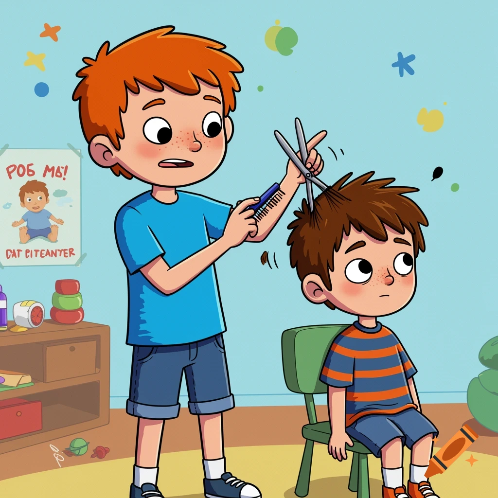 Cartoon image of two boys in a playroom; one boy gives the other a haircut with scissors and a comb.