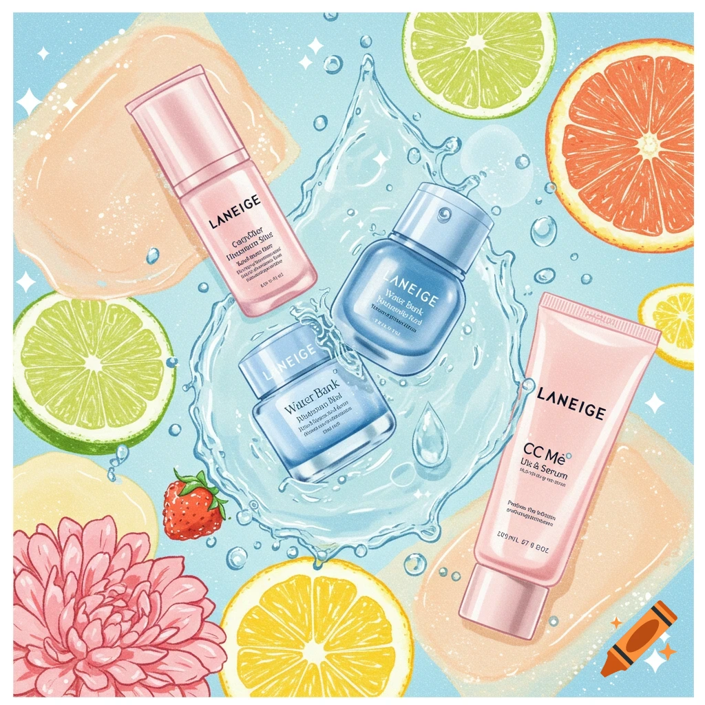 Laneige cosmetic bottles and tube with citrus fruit slices, strawberry, flower, and water splashes.