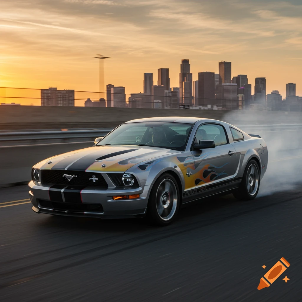 Silver Mustang with black stripes and flames does a burnout on a road with a city skyline at sunset.