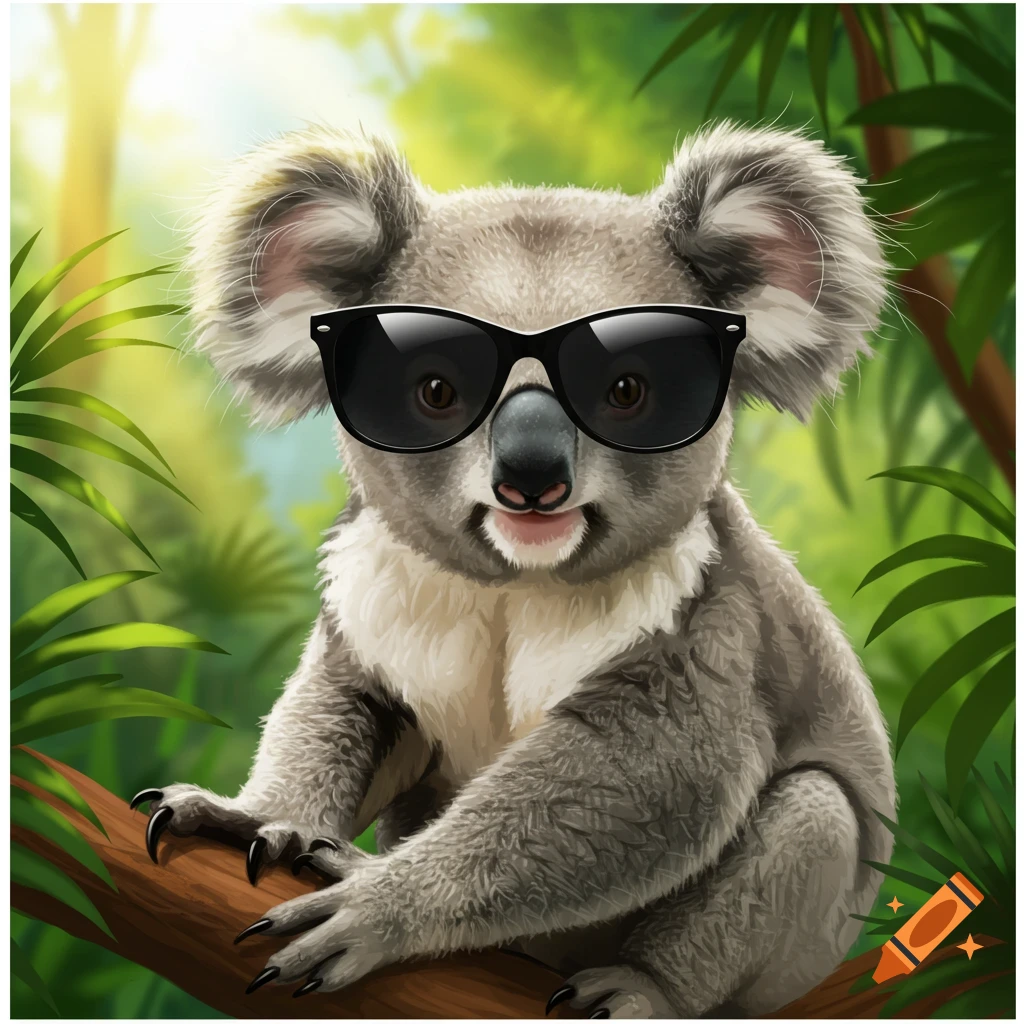A koala wearing black sunglasses sitting on a branch in a jungle.
