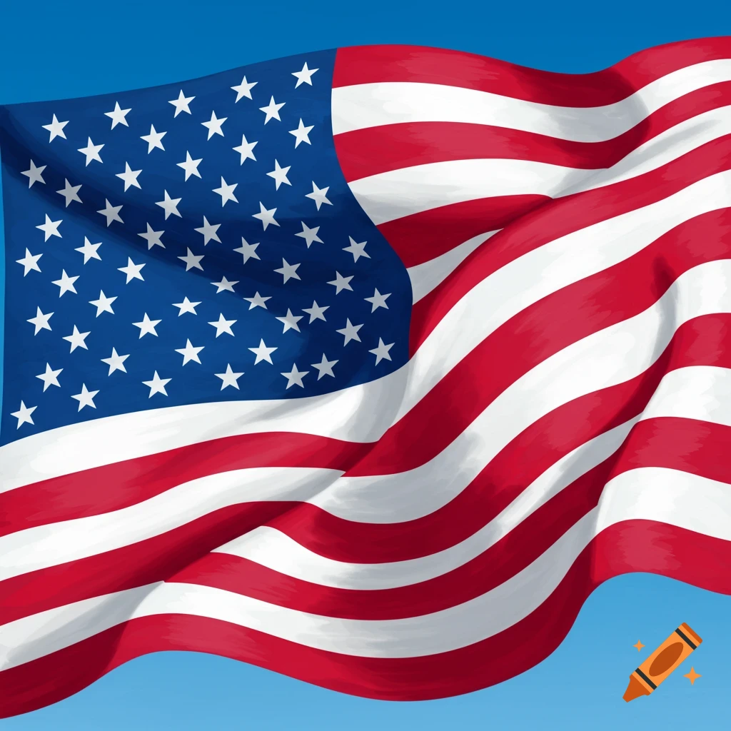 A waving American flag against a blue sky.