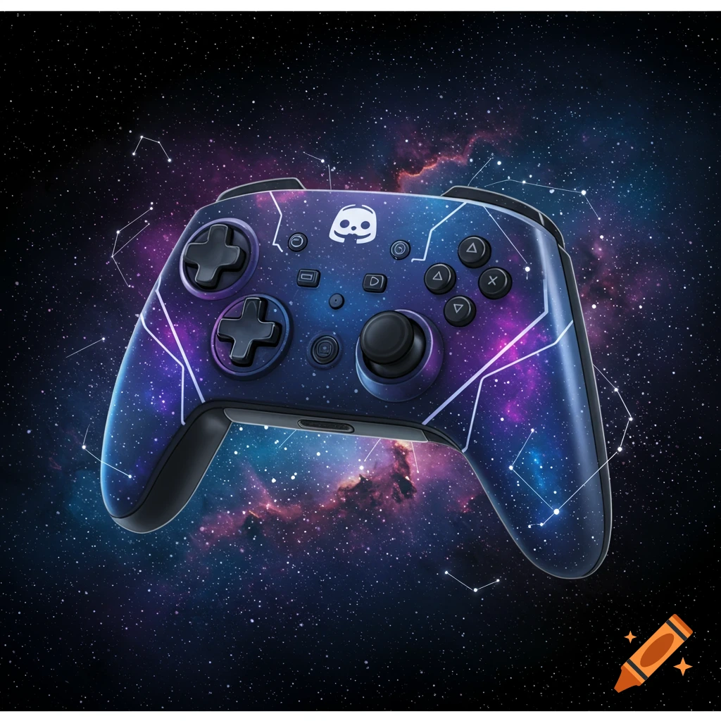 Gaming controller with galaxy design against a space background.