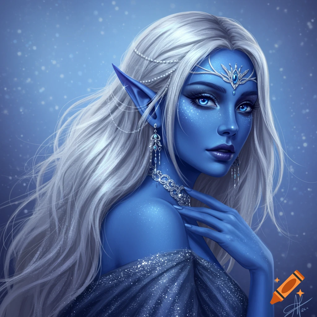 A blue-skinned fantasy woman with white hair, sparkling skin, blue eyes, and jewelry.