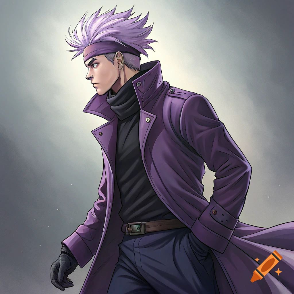 Anime illustration of a male character with spiky purple hair and headband, wearing a purple coat and black turtleneck.