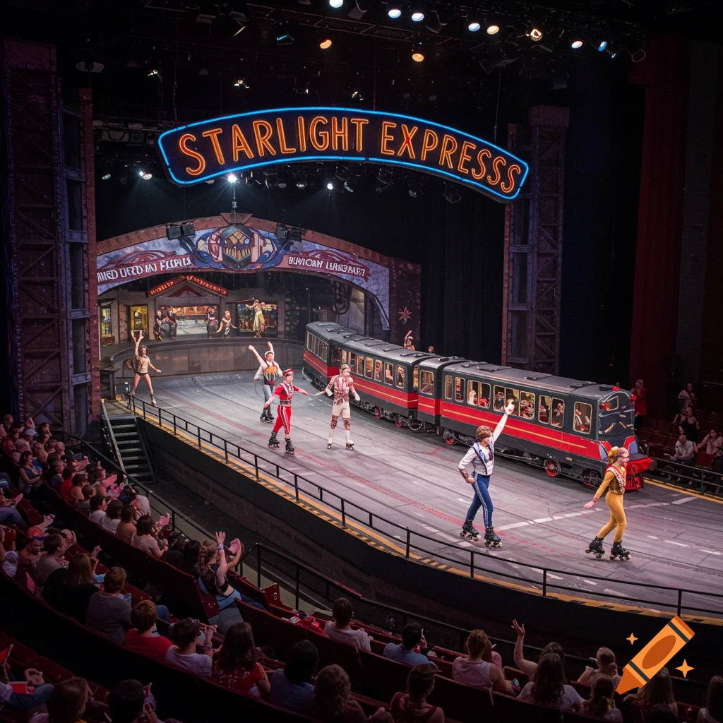 A theatre stage performance of Starlight Express with actors on roller skates, a train prop, and an audience.