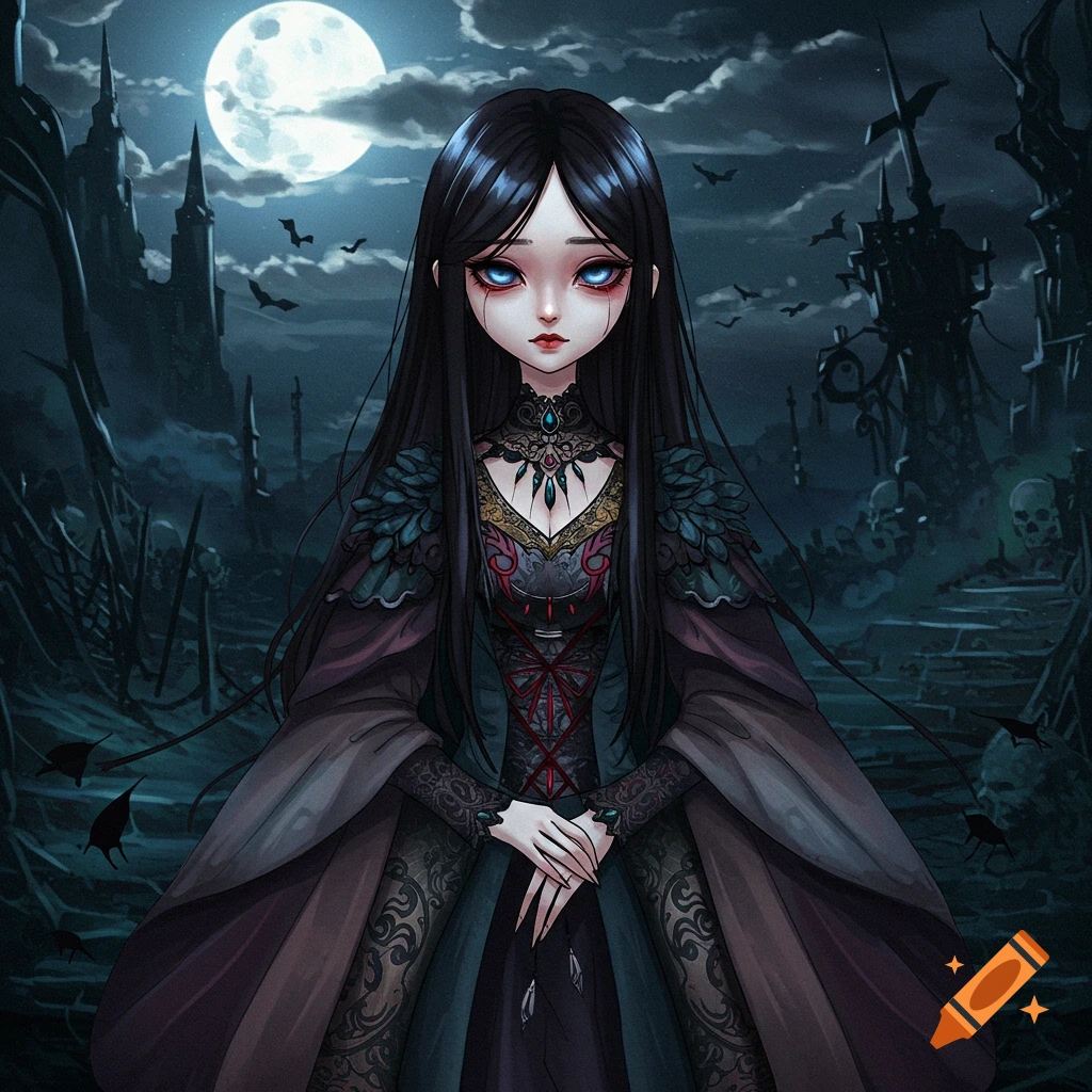 A mysterious drawn character with long black hair in a gothic landscape under a full moon.