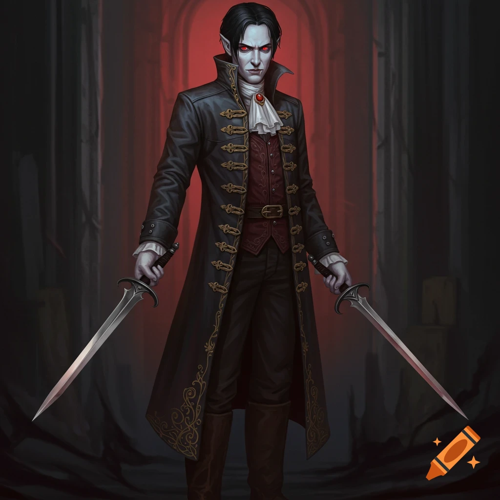 A pale vampire with red eyes, wearing a black long coat and holding two short swords.
