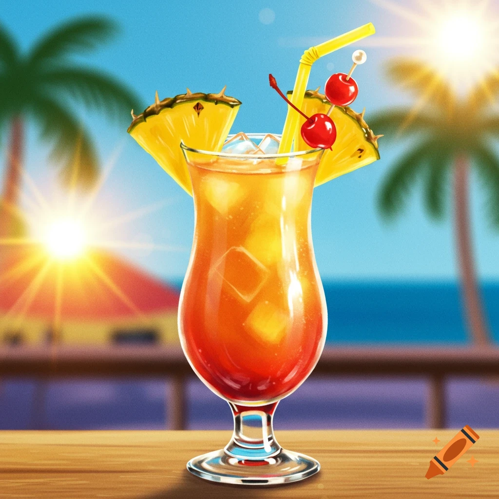 A tropical cocktail with pineapple and cherries is on a beach.