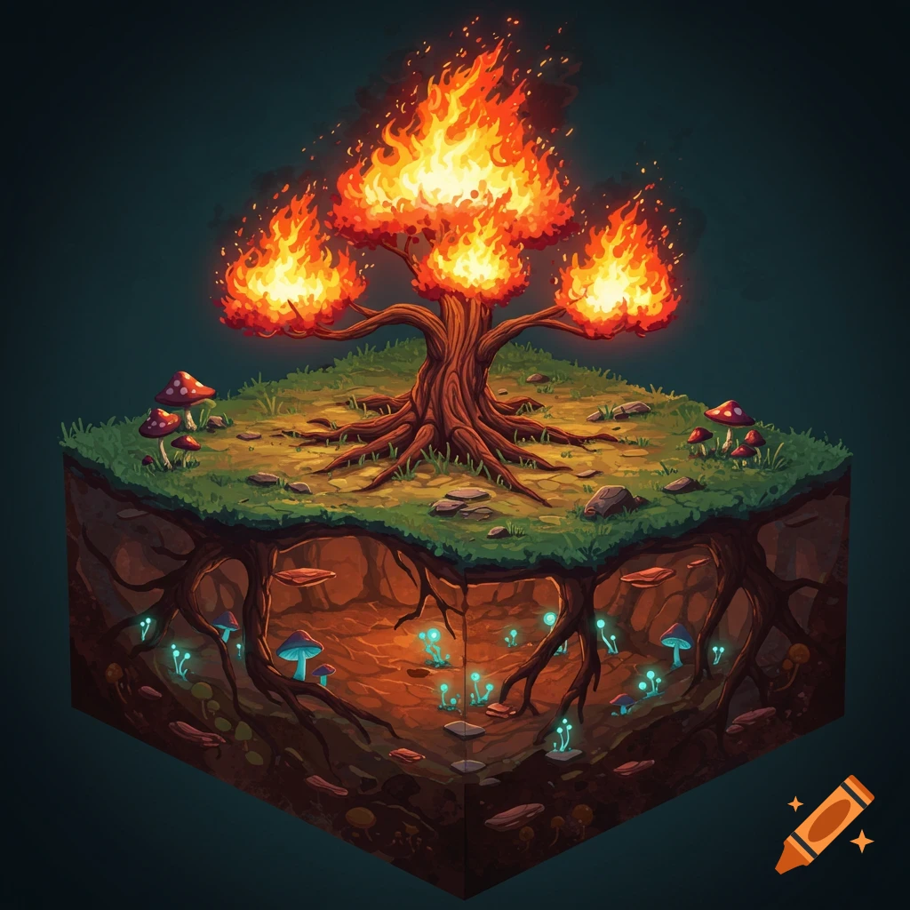 Isometric view of a flaming tree on a floating island with glowing mushrooms underground.