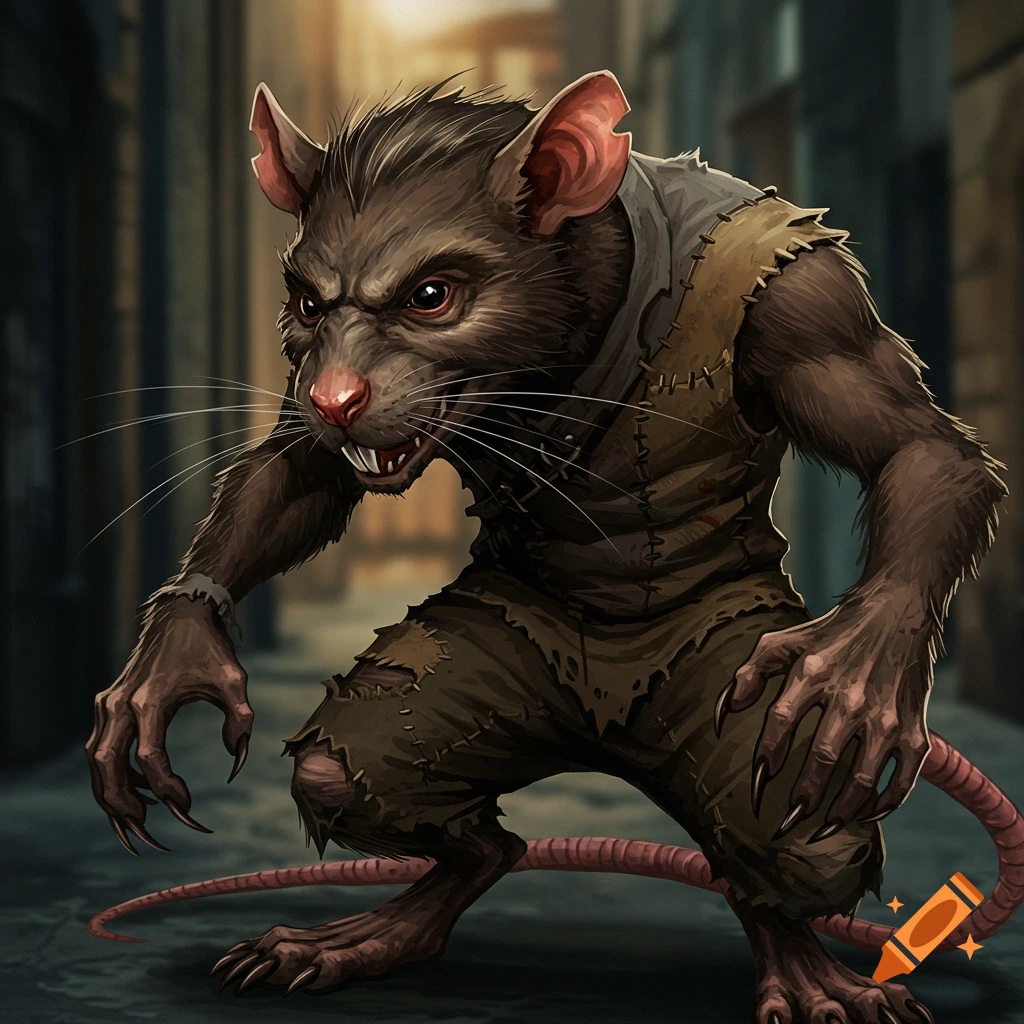 A fierce, anthropomorphic rat creature wearing ragged clothes stands in a dark alley.