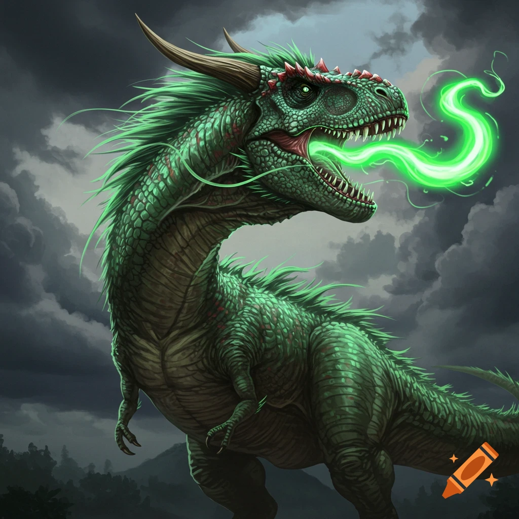 A green T-Rex-like dragon breathing green energy against a dark sky.