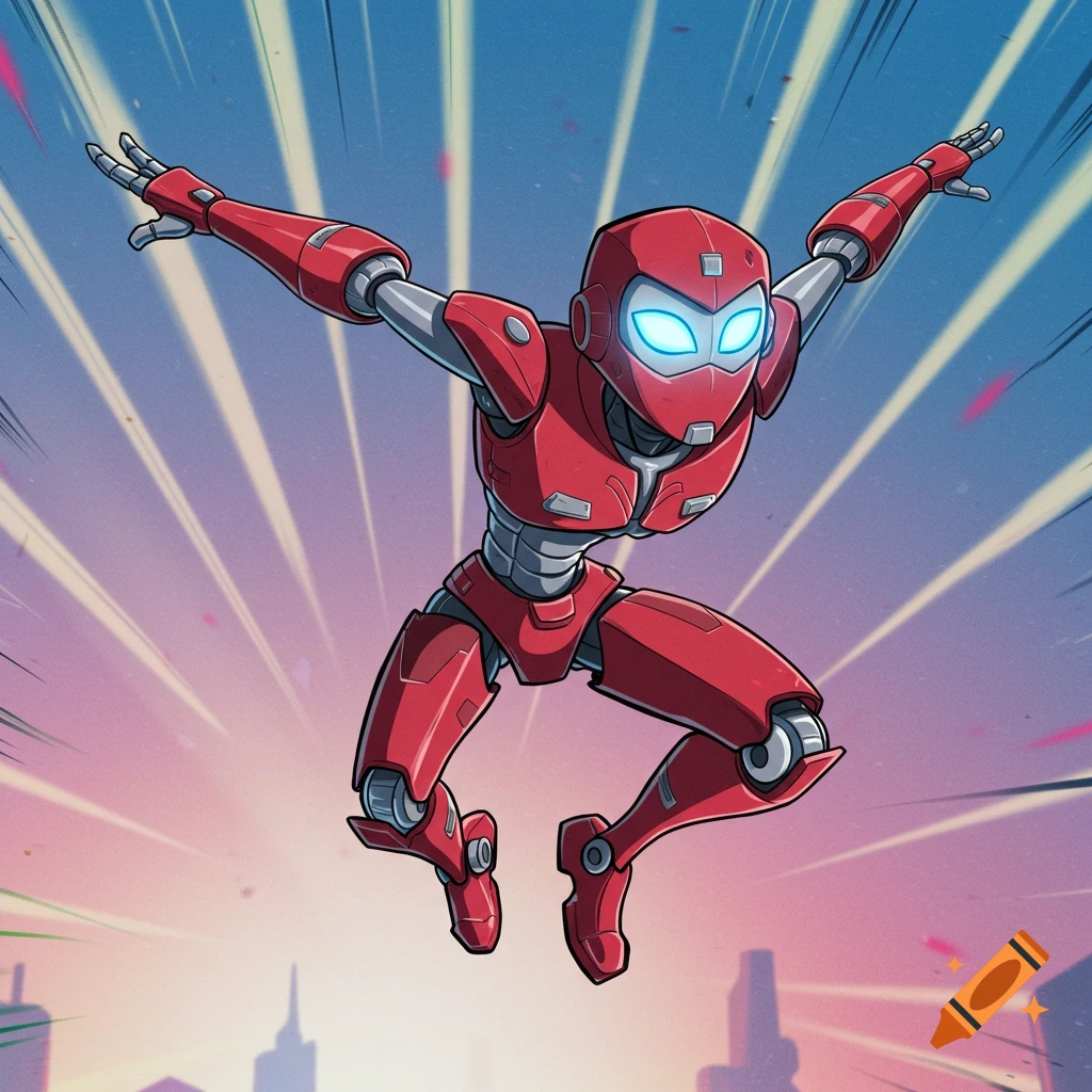 A red futuristic cartoon robot leaps through the air above a city skyline.