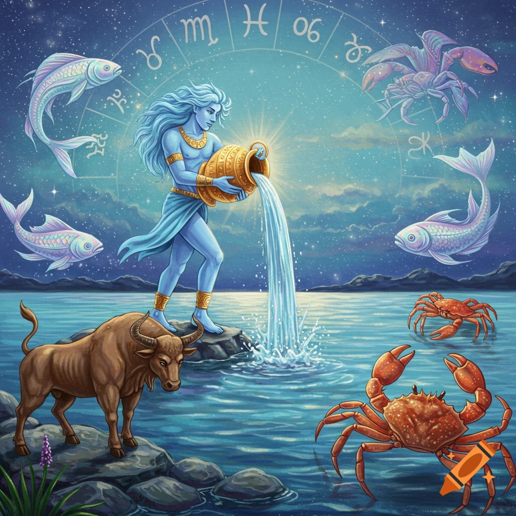 Illustration of Aquarius pouring water, with a bull, crabs, and fish. Zodiac symbols are in the background sky.