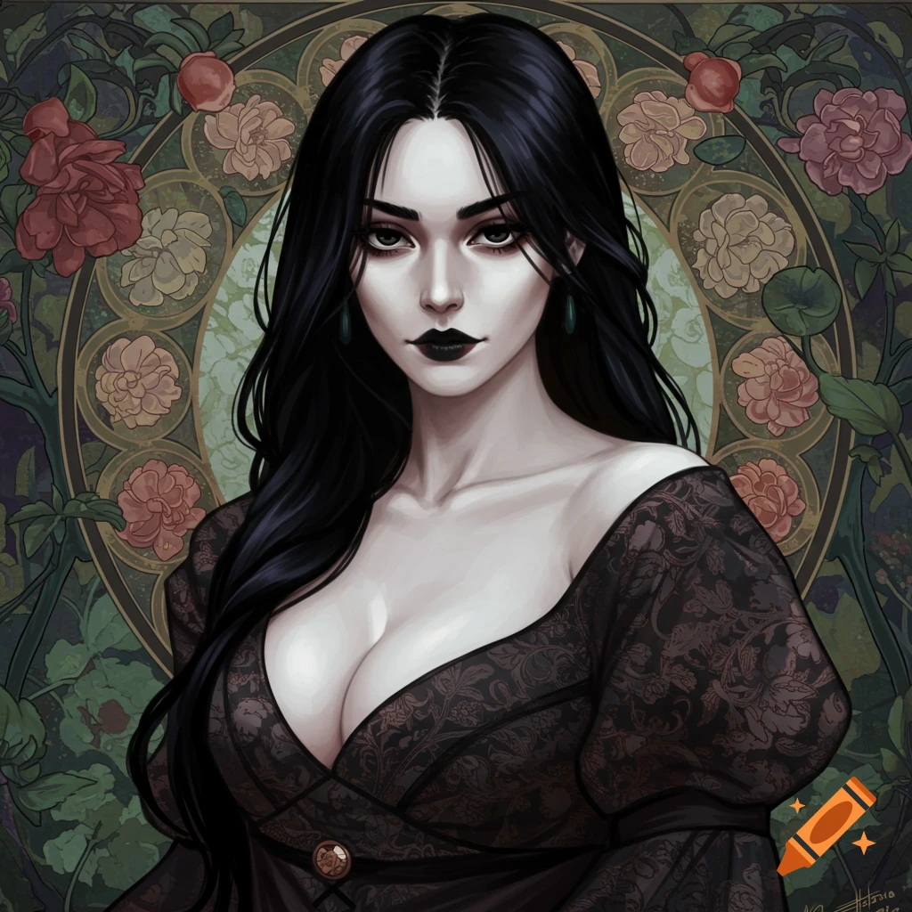 Image of a dark-haired woman with pale skin and dark makeup in a low-cut dress against a floral background.
