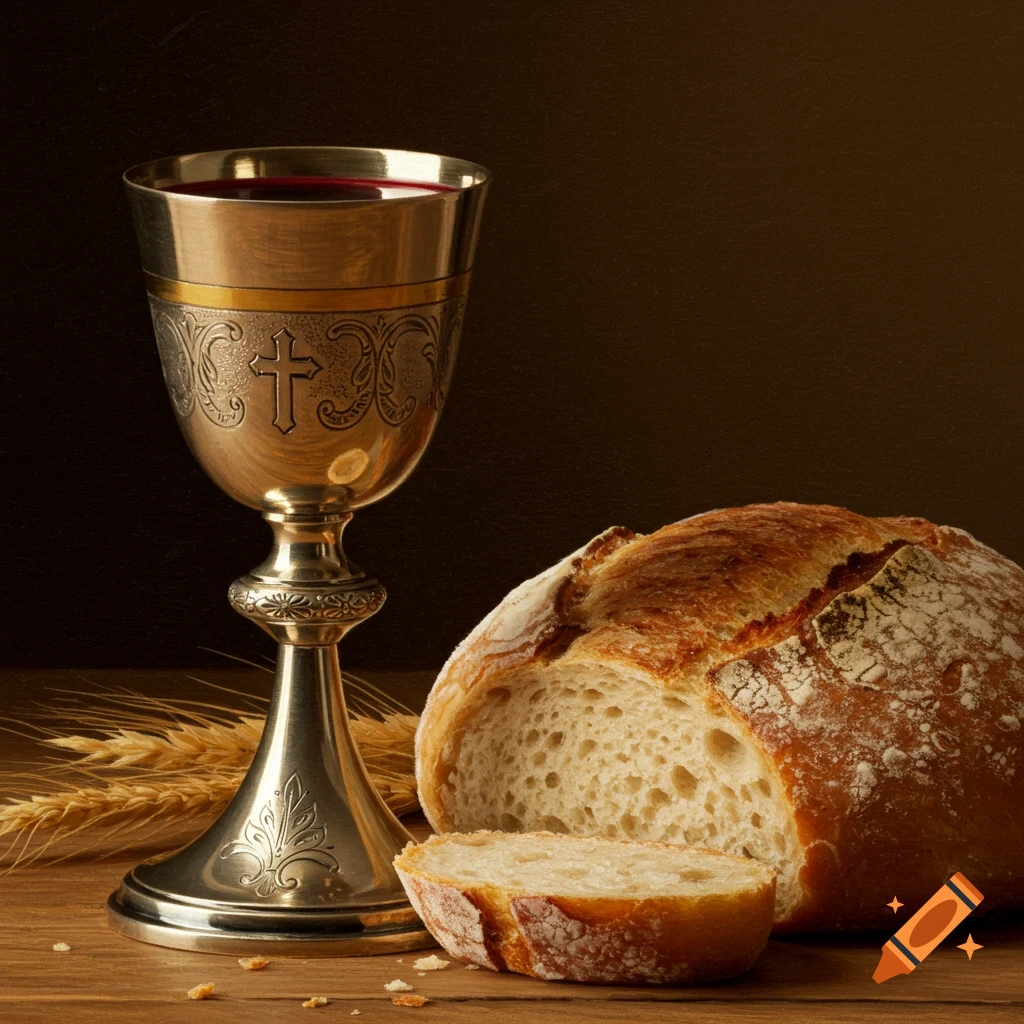 A silver chalice filled with red liquid next to a loaf of bread and wheat stalks on a wooden table.