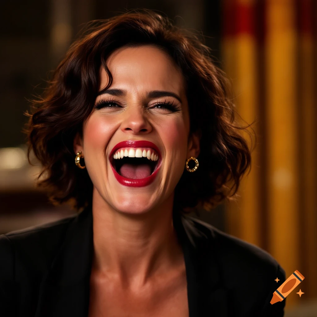 A woman laughs with her mouth wide open, photorealistic