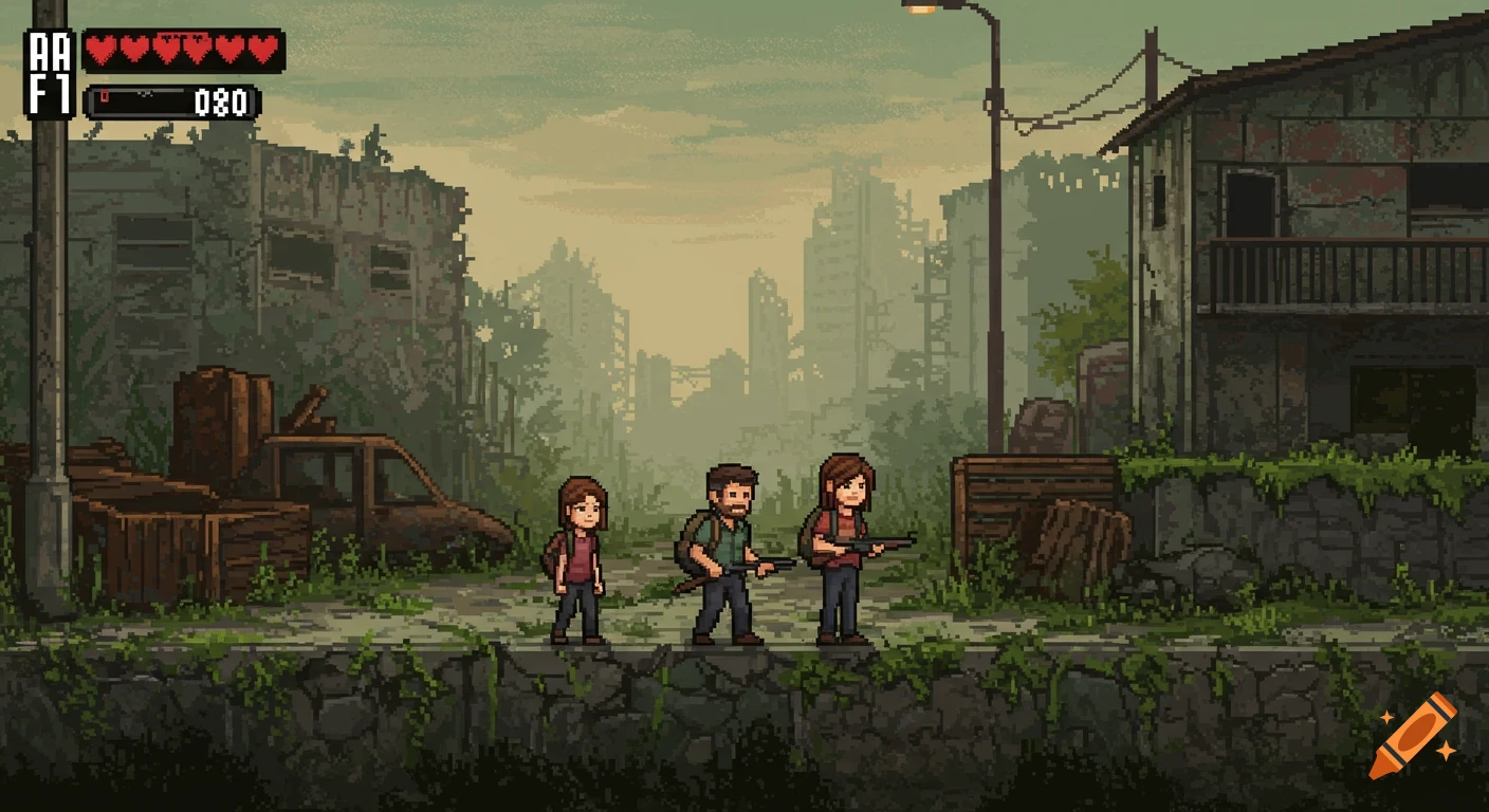Pixel art of Joel, Ellie, and a third character walking through a ruined city with game UI.