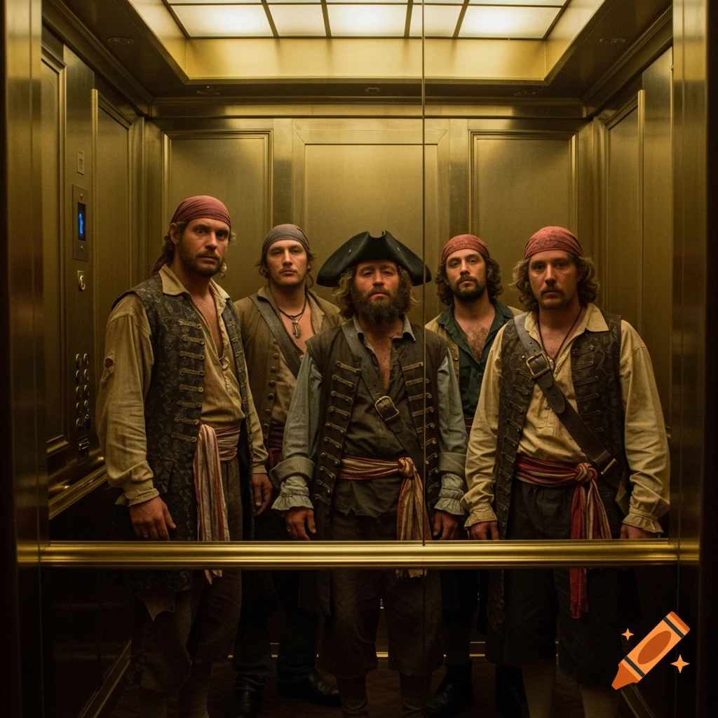 Five pirates in a fancy gold elevator looking bored.