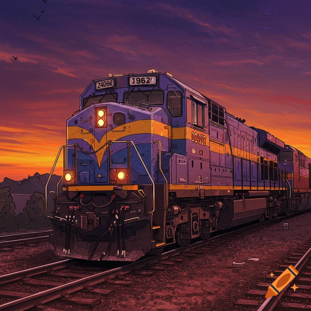 A blue and yellow train on tracks at sunset.
