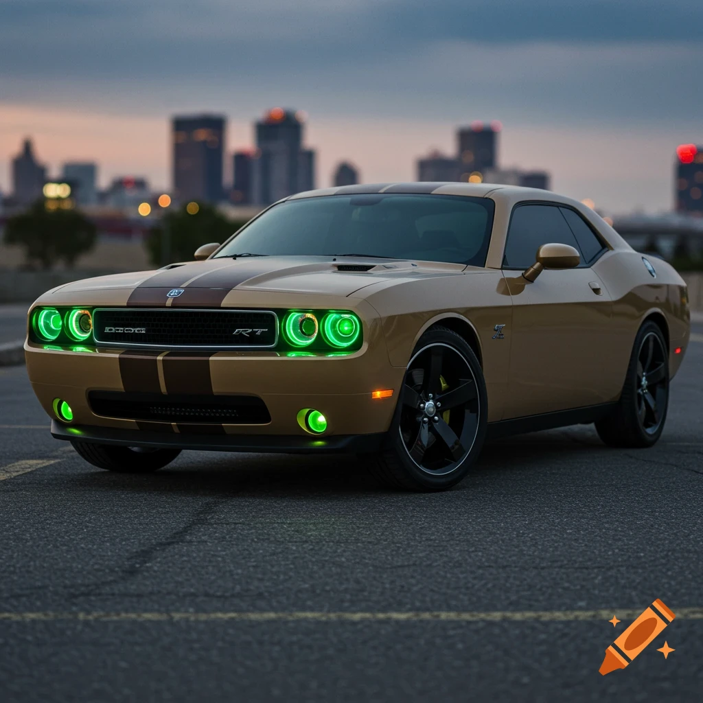 Tan Dodge Challenger RT with brown stripes and green headlights in a parking lot at dusk