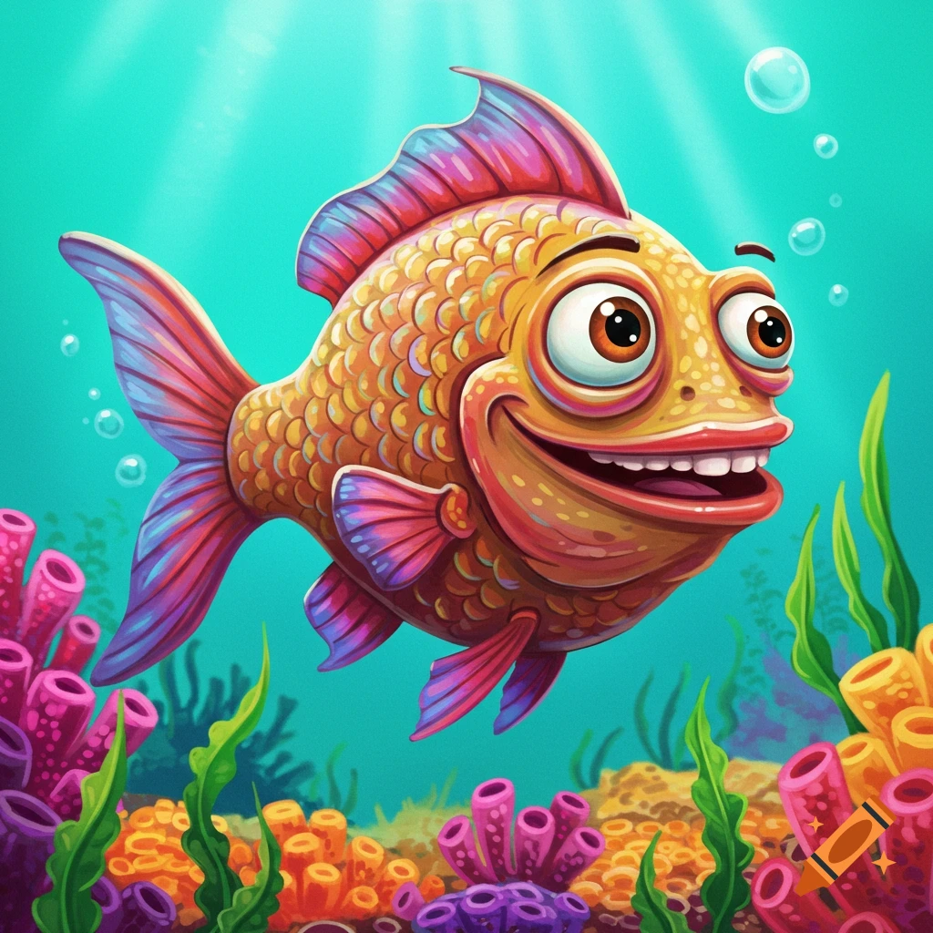 Funny cartoon fish swimming underwater with coral and plants.