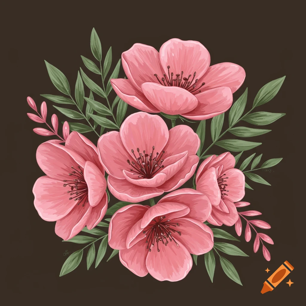 Pink flowers and green leaves on a dark background