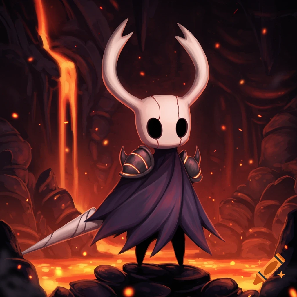 A stylized knight character stands on rocks in a cave with flowing lava.
