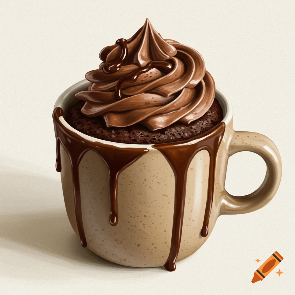 Chocolate cake in a mug with chocolate frosting and drizzle