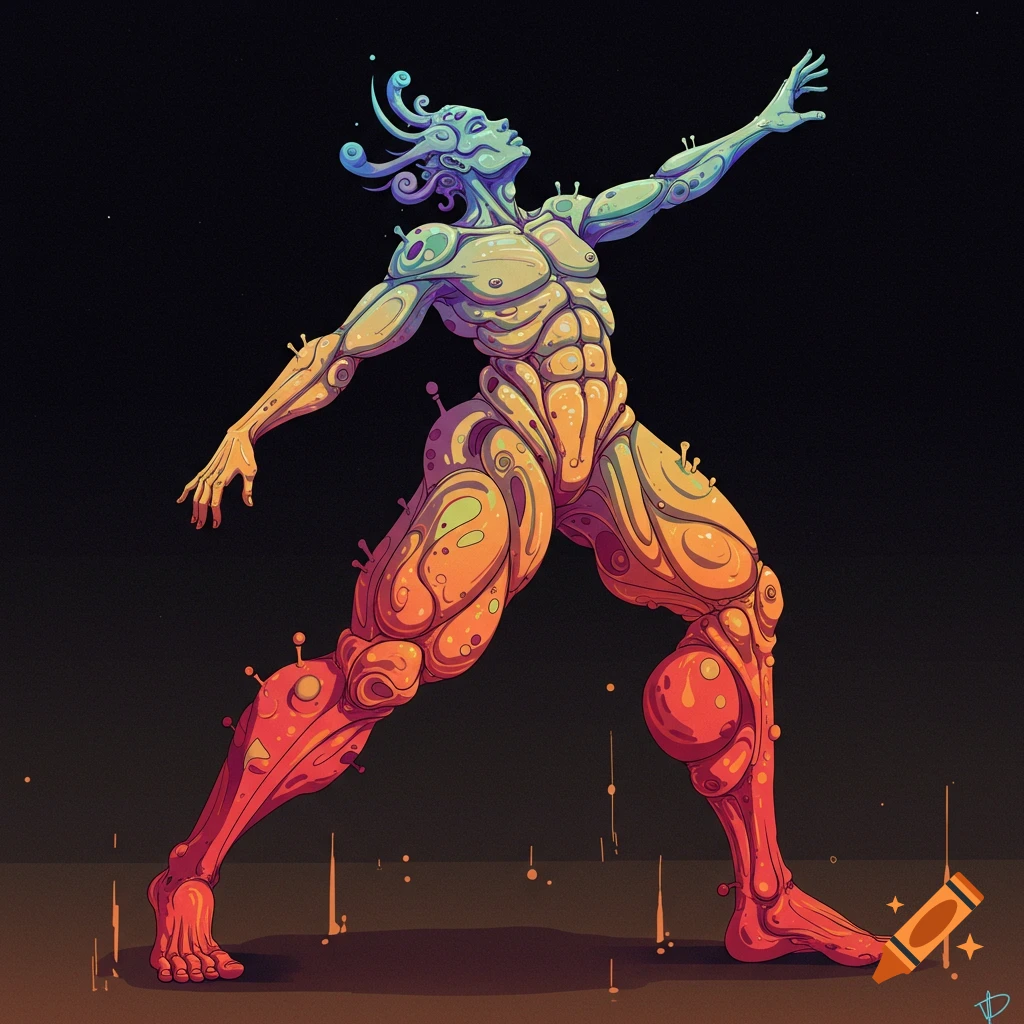 Stylized illustration of a vibrant, muscular alien-like figure reaching upwards on a dark background.