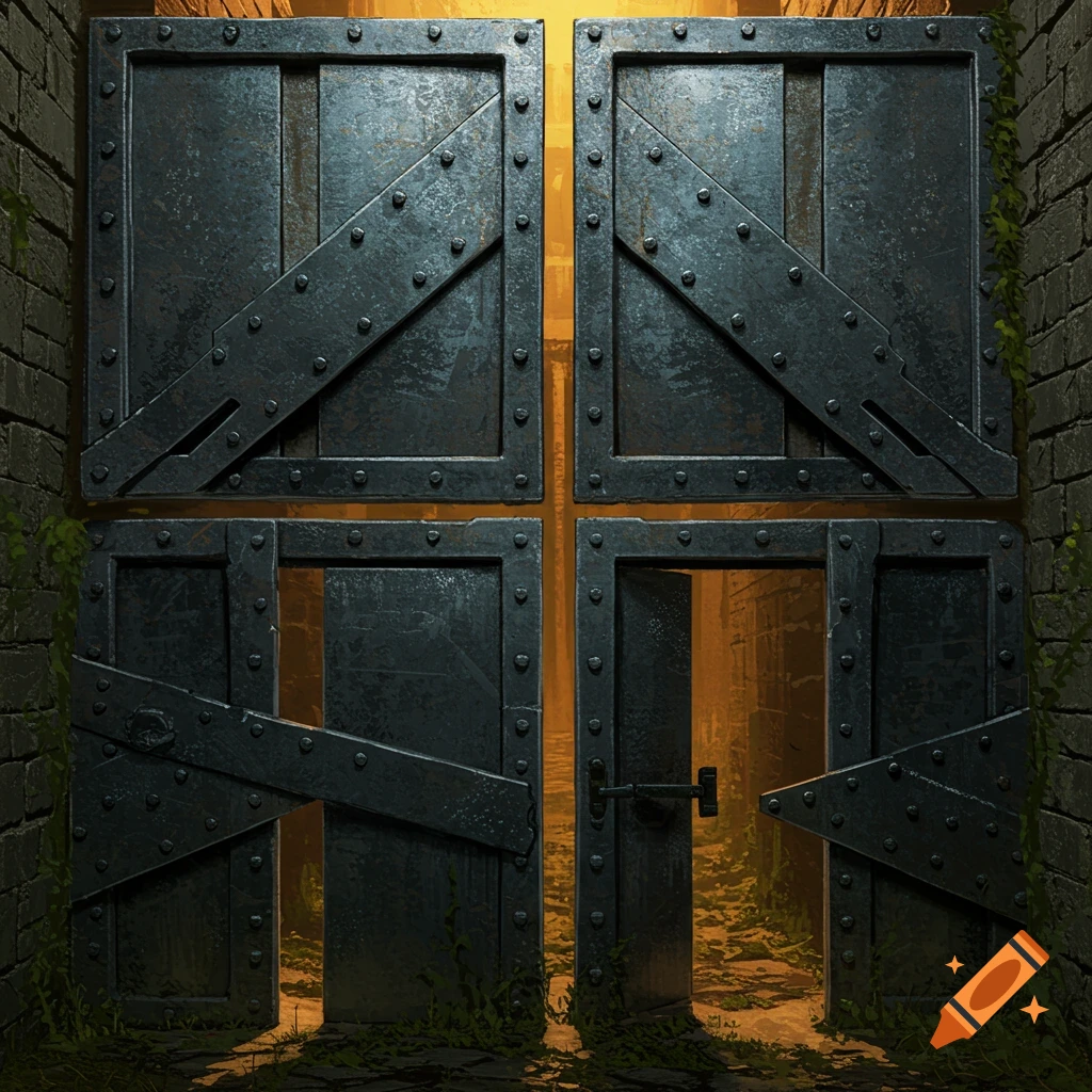 Four large metal doors set in a brick wall, illuminated from behind