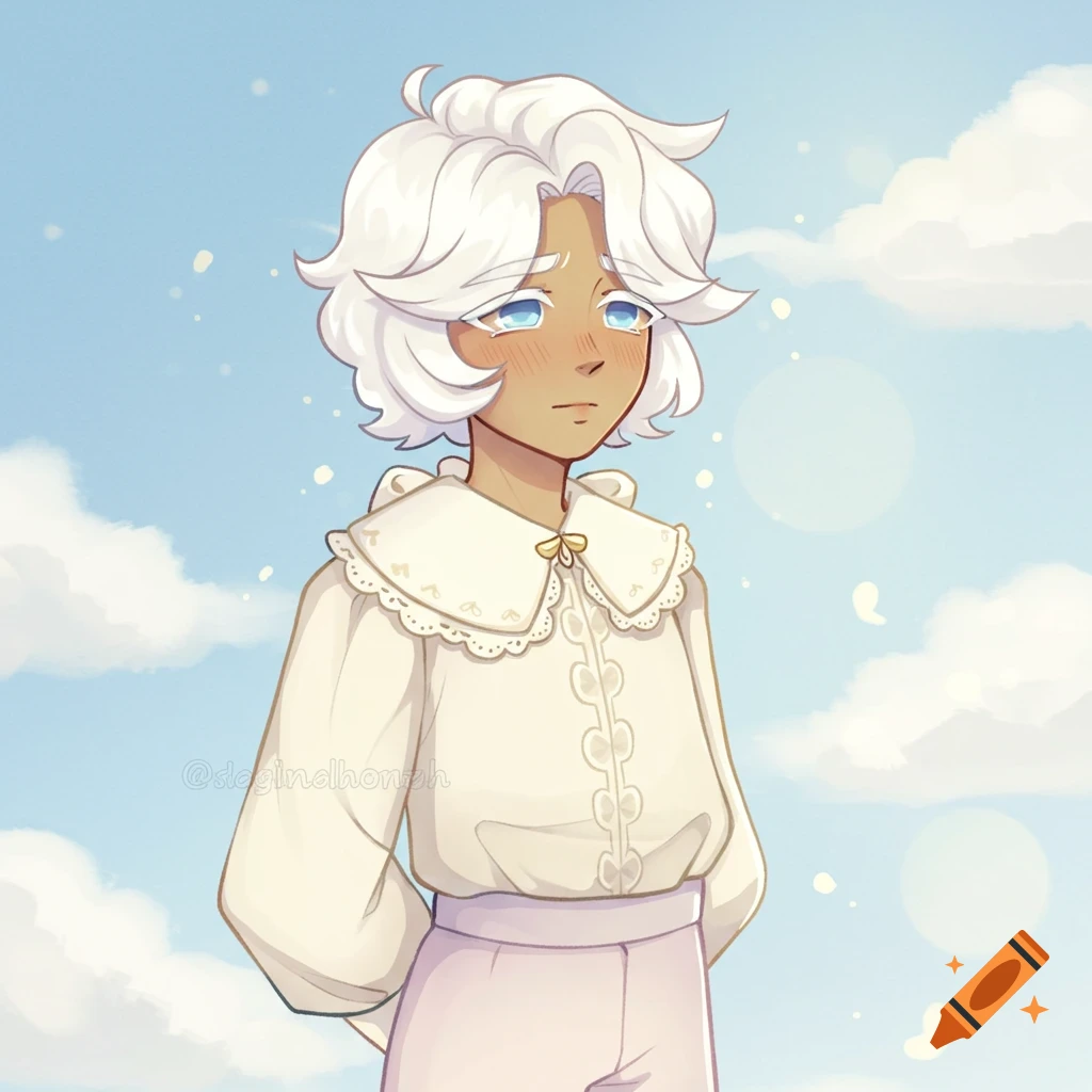 An anime illustration of a person-like character with white hair and blue eyes in a white shirt and pants, standing against a sky with clouds.