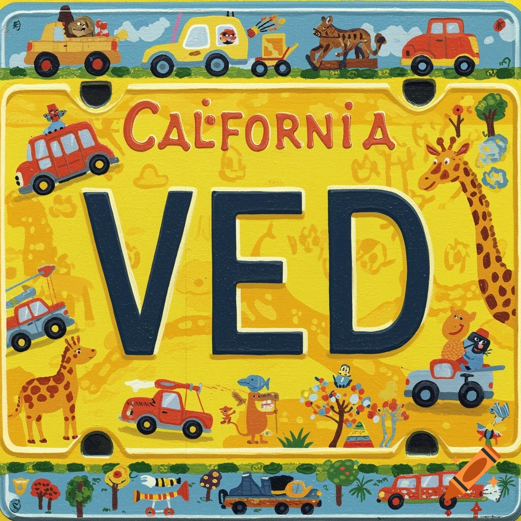 A vibrant yellow California license plate, featuring cartoon animals, vehicles, and the text VED.