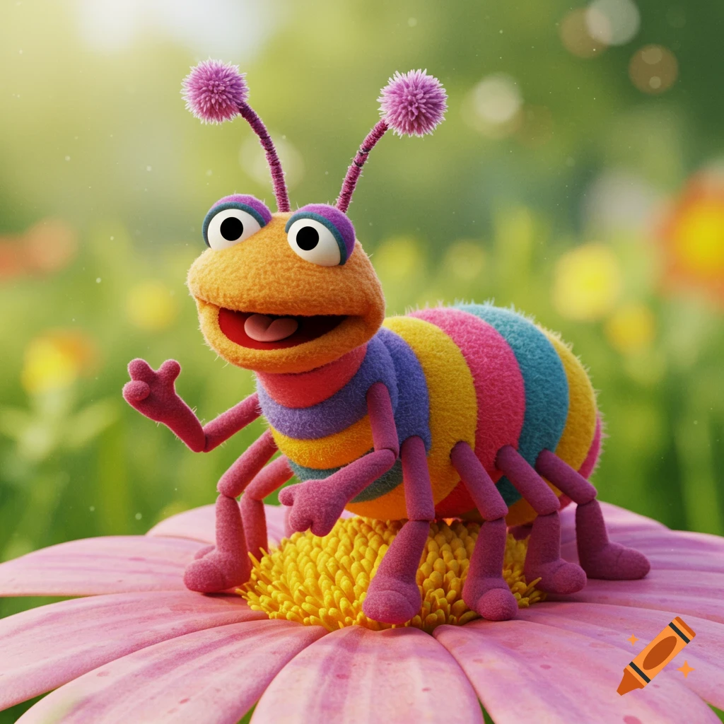 A colorful muppet bug sits on a pink flower in a garden.