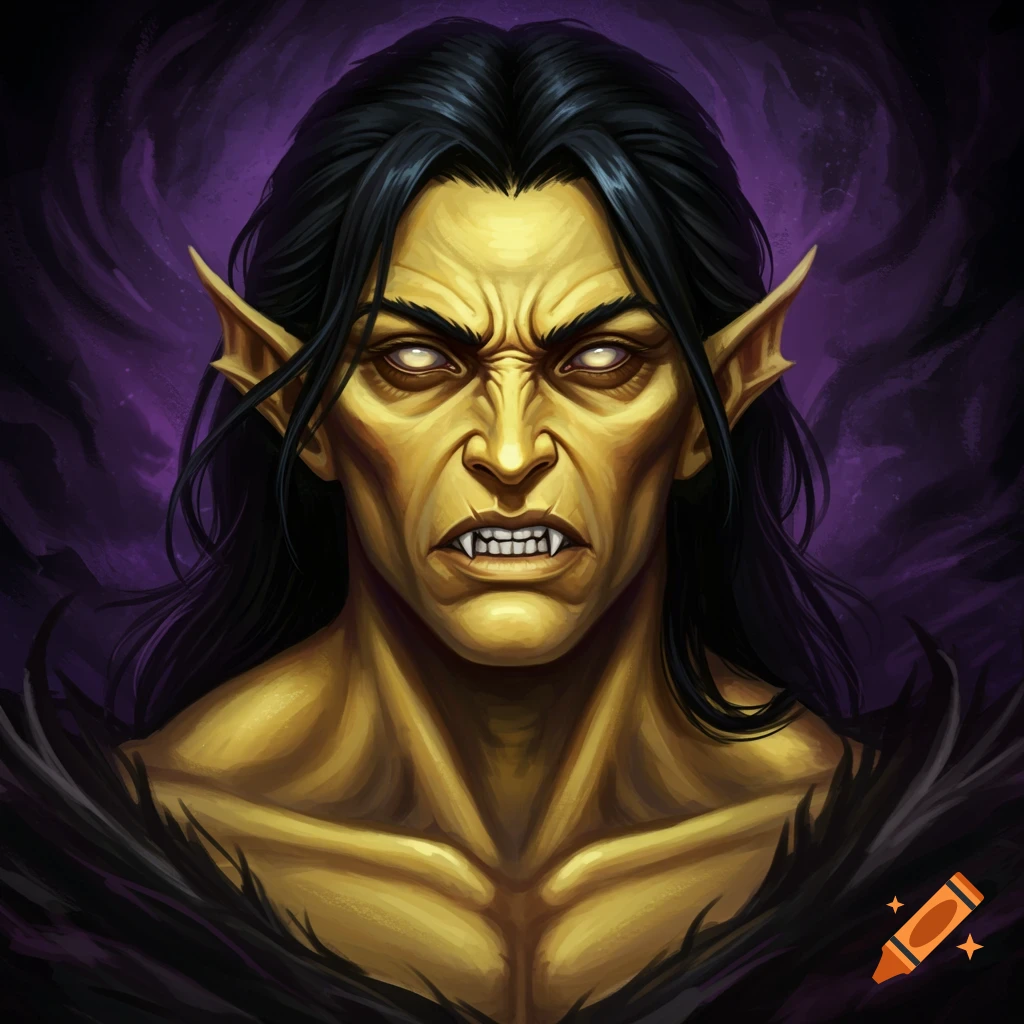 A pale yellow monster with black hair, fangs, and glowing eyes is set against a swirling purple background.